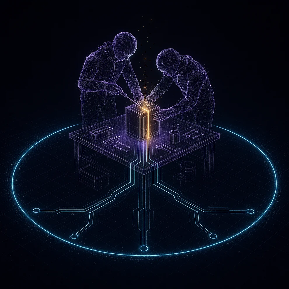 Two wireframe builder figures assembling a glowing appliance inside a boundary of light, schematic traces fanning outward